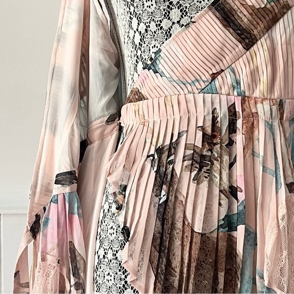 Pastel Chiffon Lace Patchwork Pleated Wrap Dress Size L - Picture 8 of 15